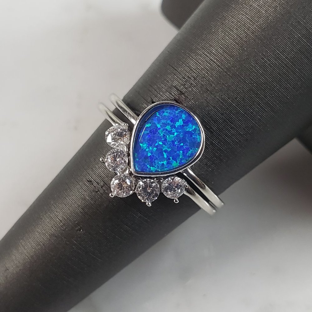 Womens Estate Sterling Silver Modernist Blue Opal & CZ Ring Set 2.7g E6452